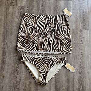 NWT 2 Piece Michael Kors Sz L Bottoms & Skirt Striped Chocolate Zebra Swimsuit